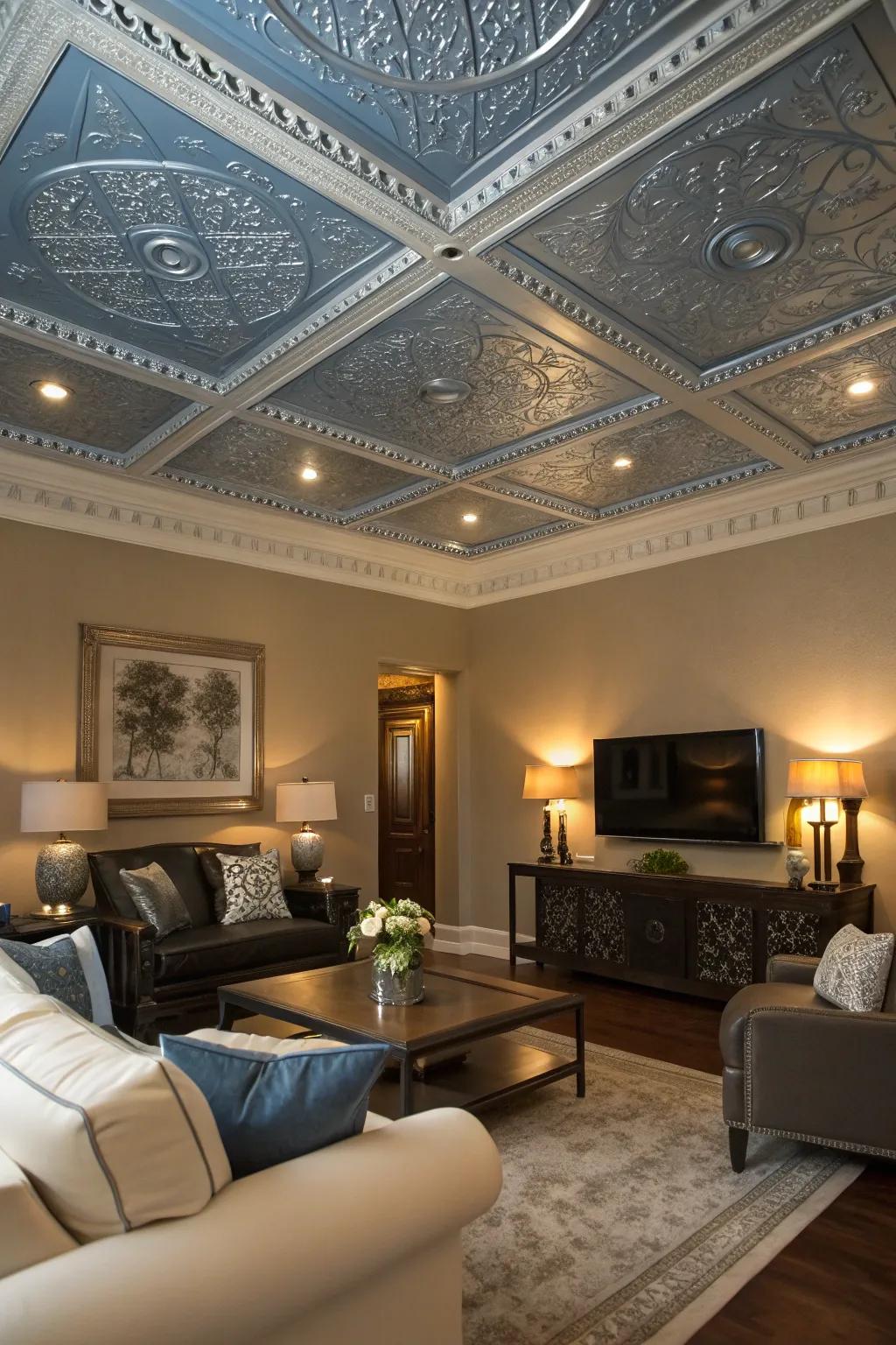 Unique indigo and silver overhead details enhance the height and sophistication of this living room.
