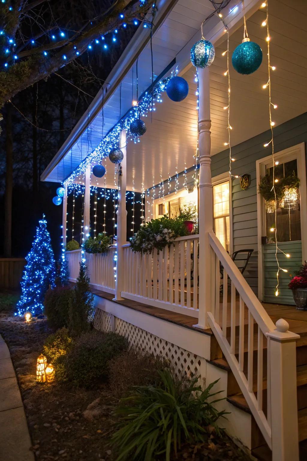 Cheerful blue and white porch decorations