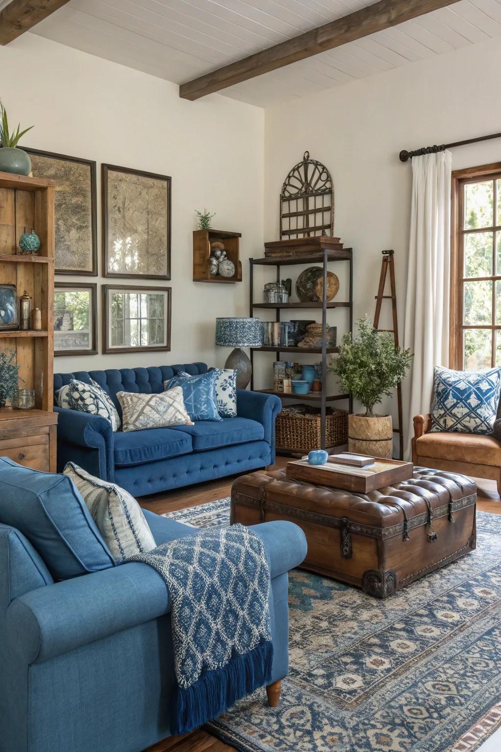 Assorted blue highlights add character and depth to this unique living room.