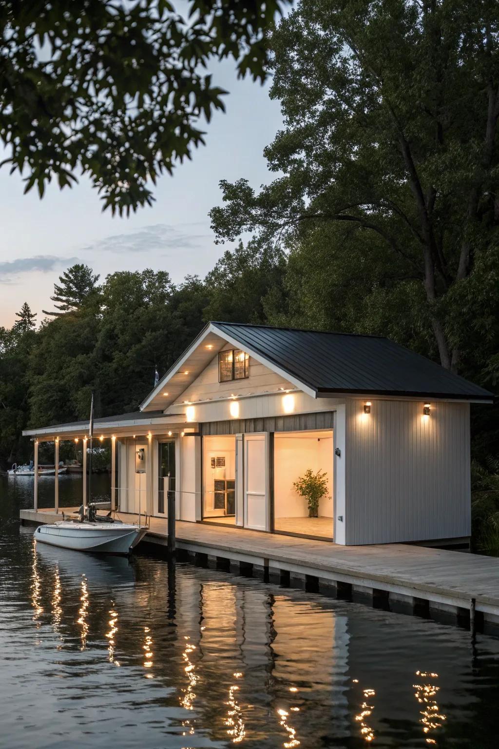 Contemporary minimalist fixtures deliver a pristine and modern aesthetic to the boat house.