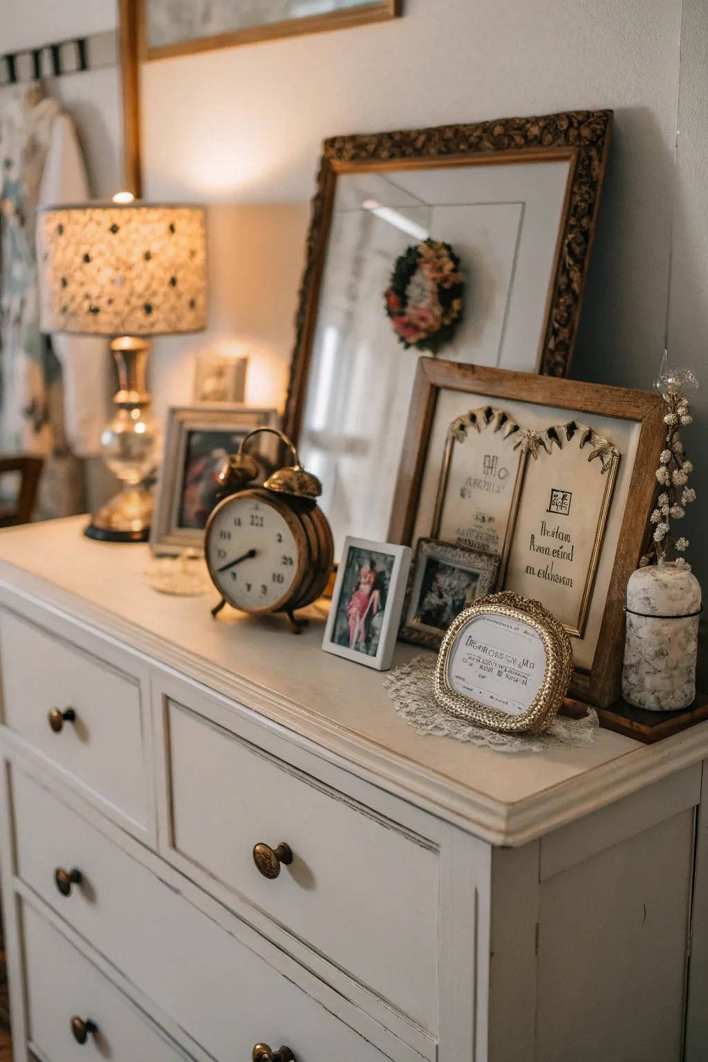 Personalized decor like a vintage clock adds sentimental value to this boho dresser.