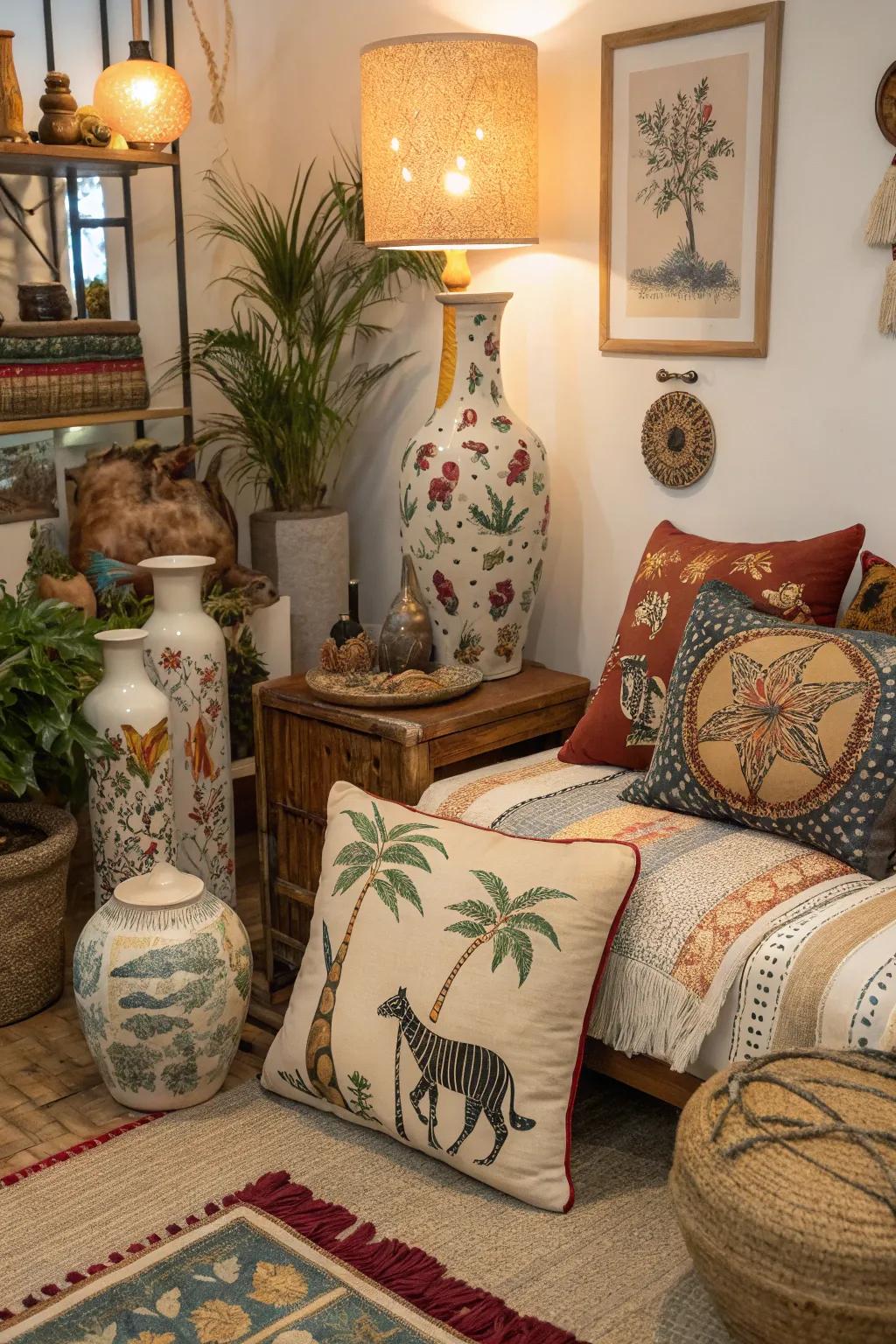 Animal motifs bring a whimsical touch to bohemian decor.
