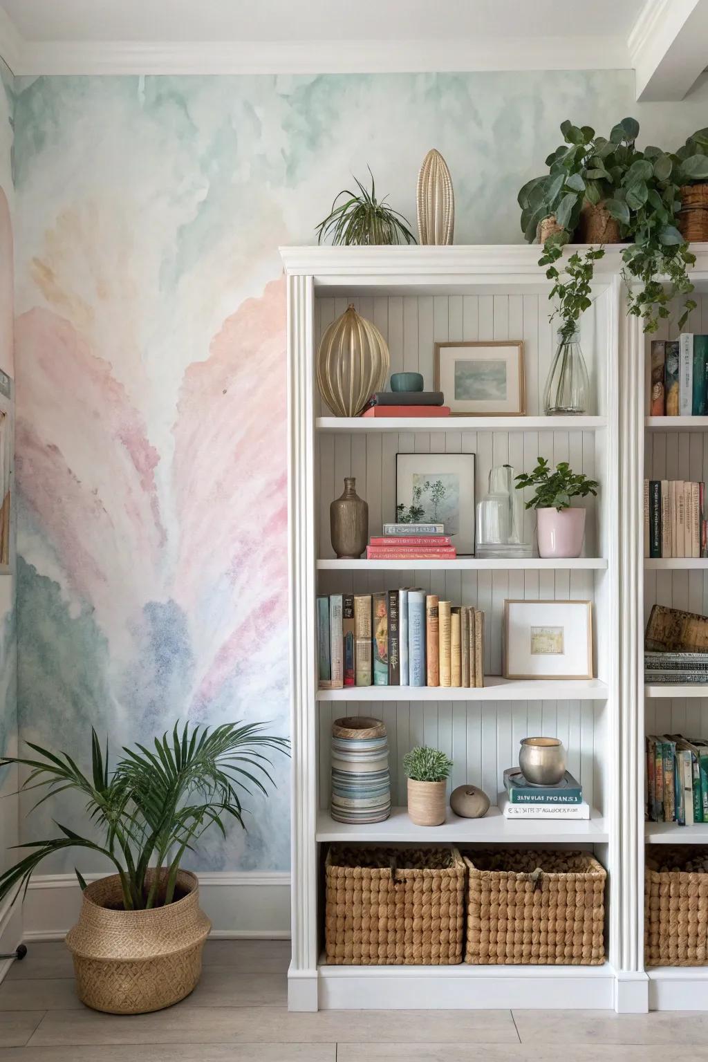 <strong>Bookshelf</strong> featuring watercolor wash wallcovering for a gentle, artistic accent.&rdquo; loading=&rdquo;lazy&rdquo; class=&rdquo;pimg&rdquo;>
	</picture><figcaption><strong>Bookshelf</strong> featuring watercolor wash wallcovering for a gentle, artistic accent.</figcaption></figure>
<p>Watercolor wash wallcovering can introduce a gentle, artistic accent to your shelves. I once utilized a gentle blue wash, which introduced a serene atmosphere to my reading nook.</p>
<h3>A few suggestions:</h3>
<ul class=