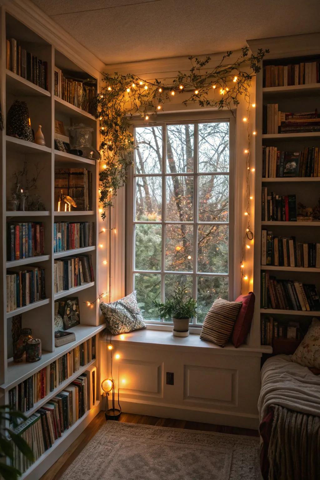 Illuminate your shelves with integrated lighting for a warm ambiance.