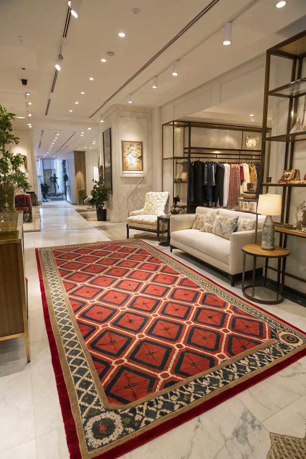 A shop interior featuring a statement rug, anchoring the decor and adding warmth and style.