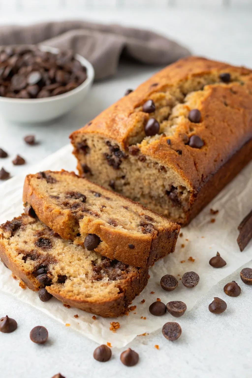 Chocolate chip banana bread, a sweet and comforting treat.