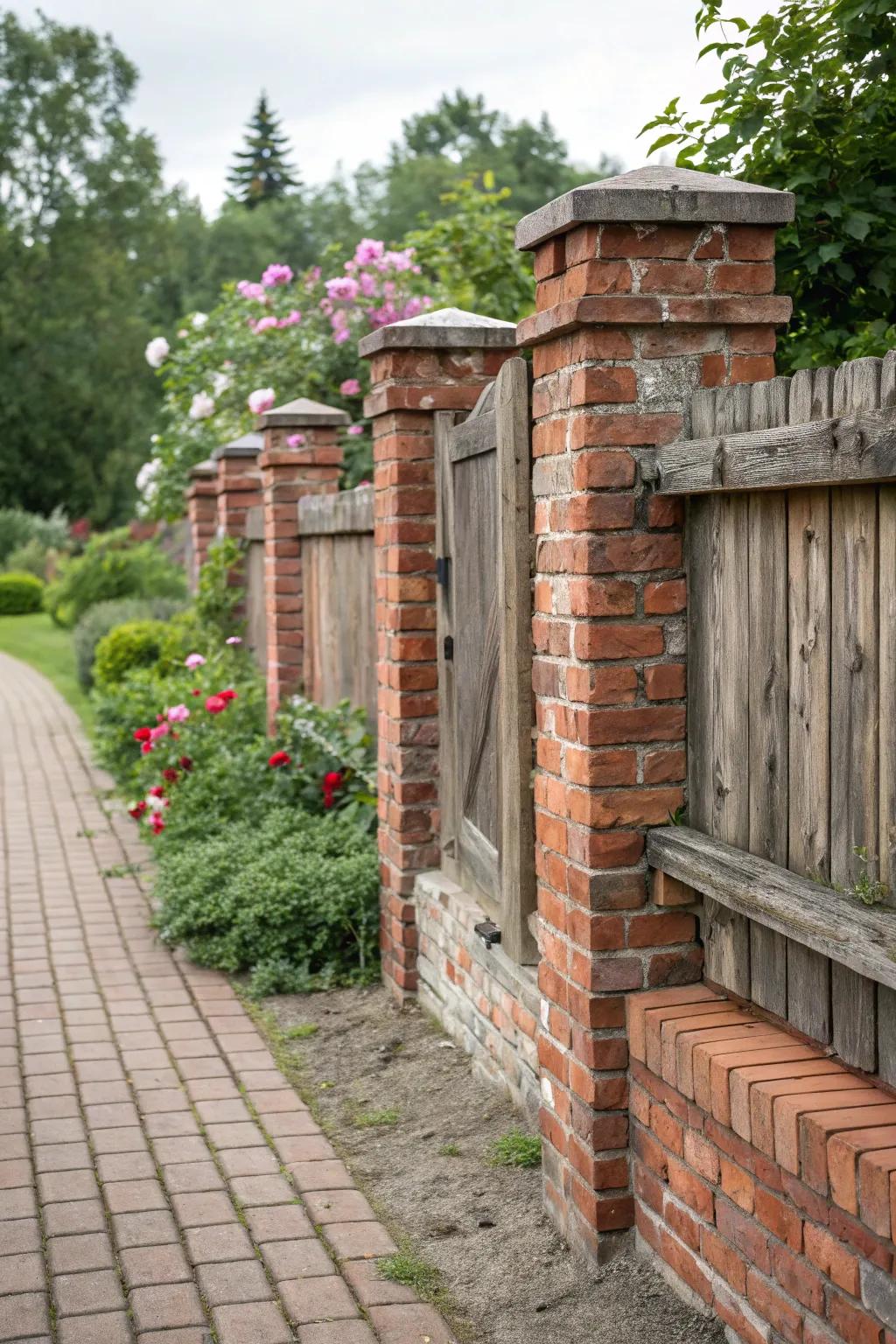 Natural lumber elements contribute warmth and texture to brick fences.