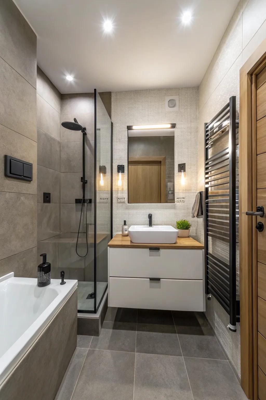 This small bathroom achieves a streamlined look with wall-mounted fixtures.