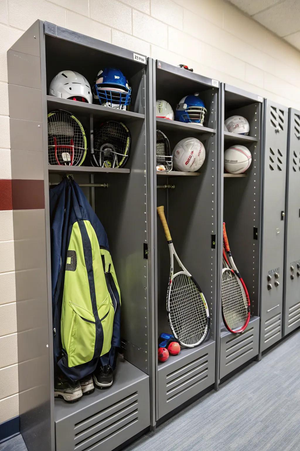 Sports gear arranged in dedicated unit space.