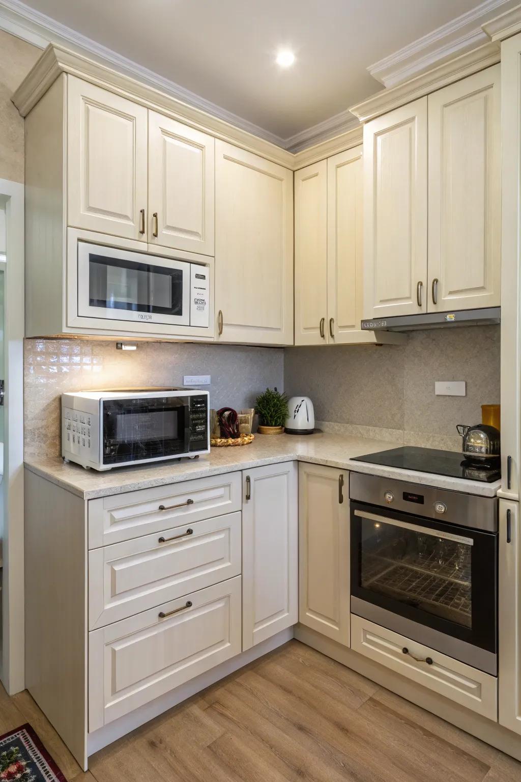 A microwave smartly put in an unused corner space.