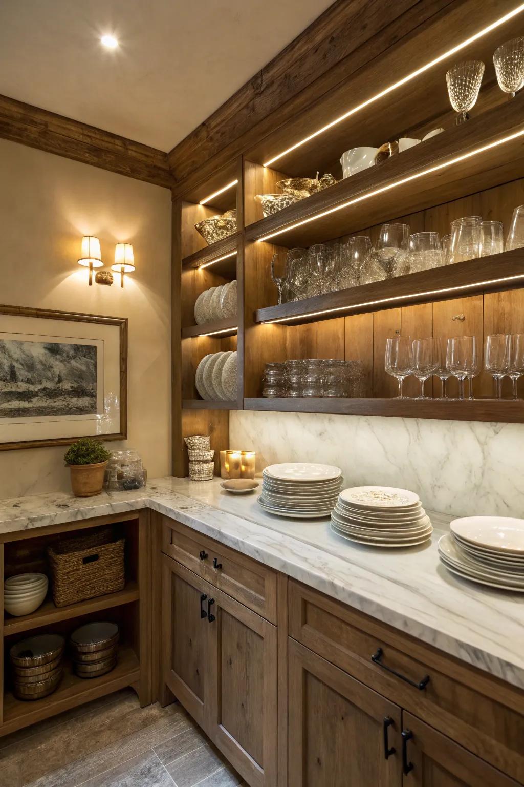 A cozy butler's pantry featuring under-cabinet lighting, enhancing both aesthetics and functionality.