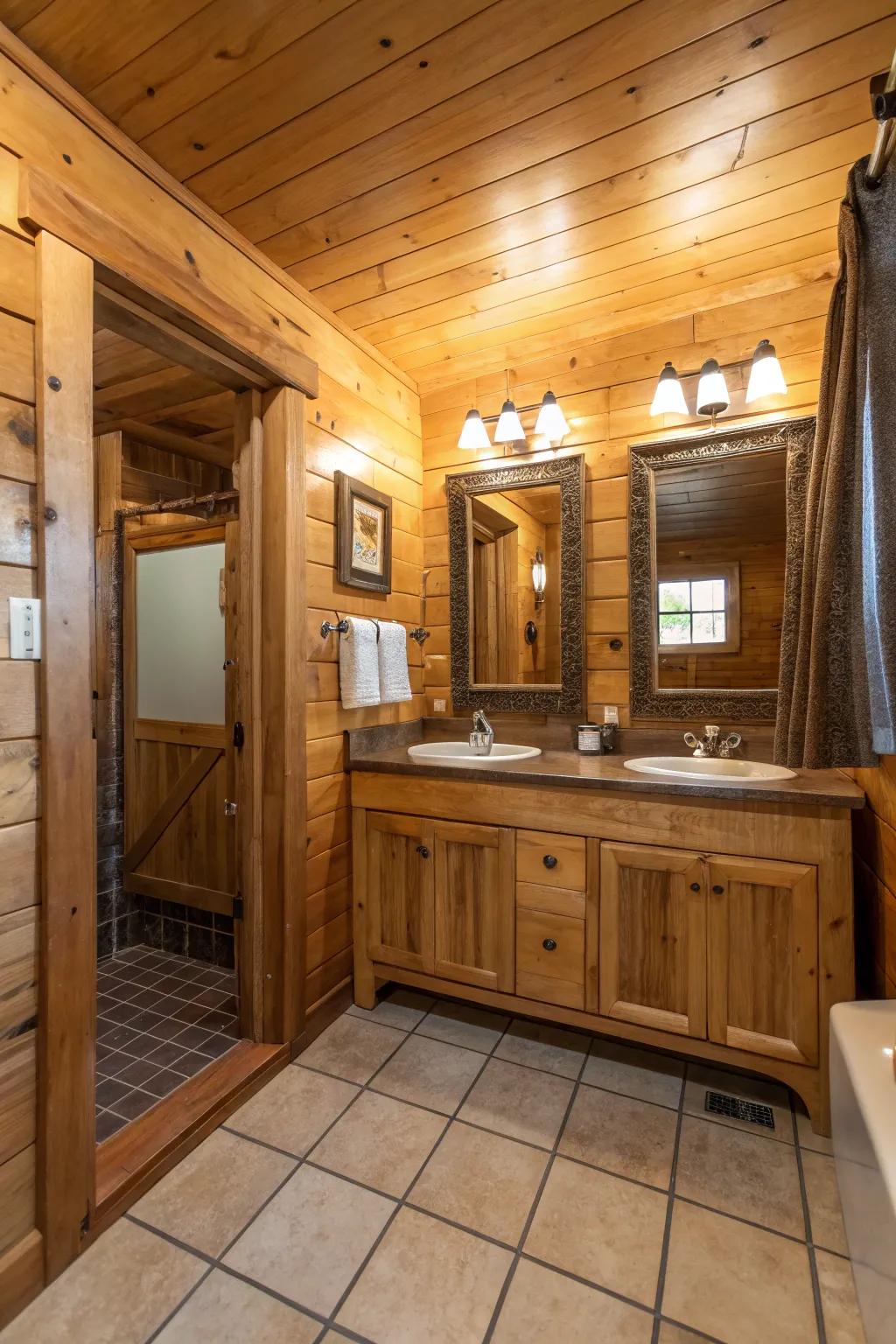 A cabin bathroom with mirrored walls that enhance the space with illumination.