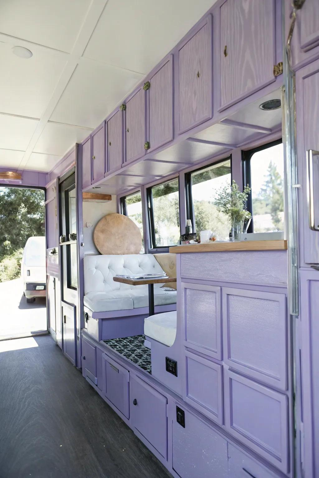 Lilac cabinets create a soothing atmosphere.