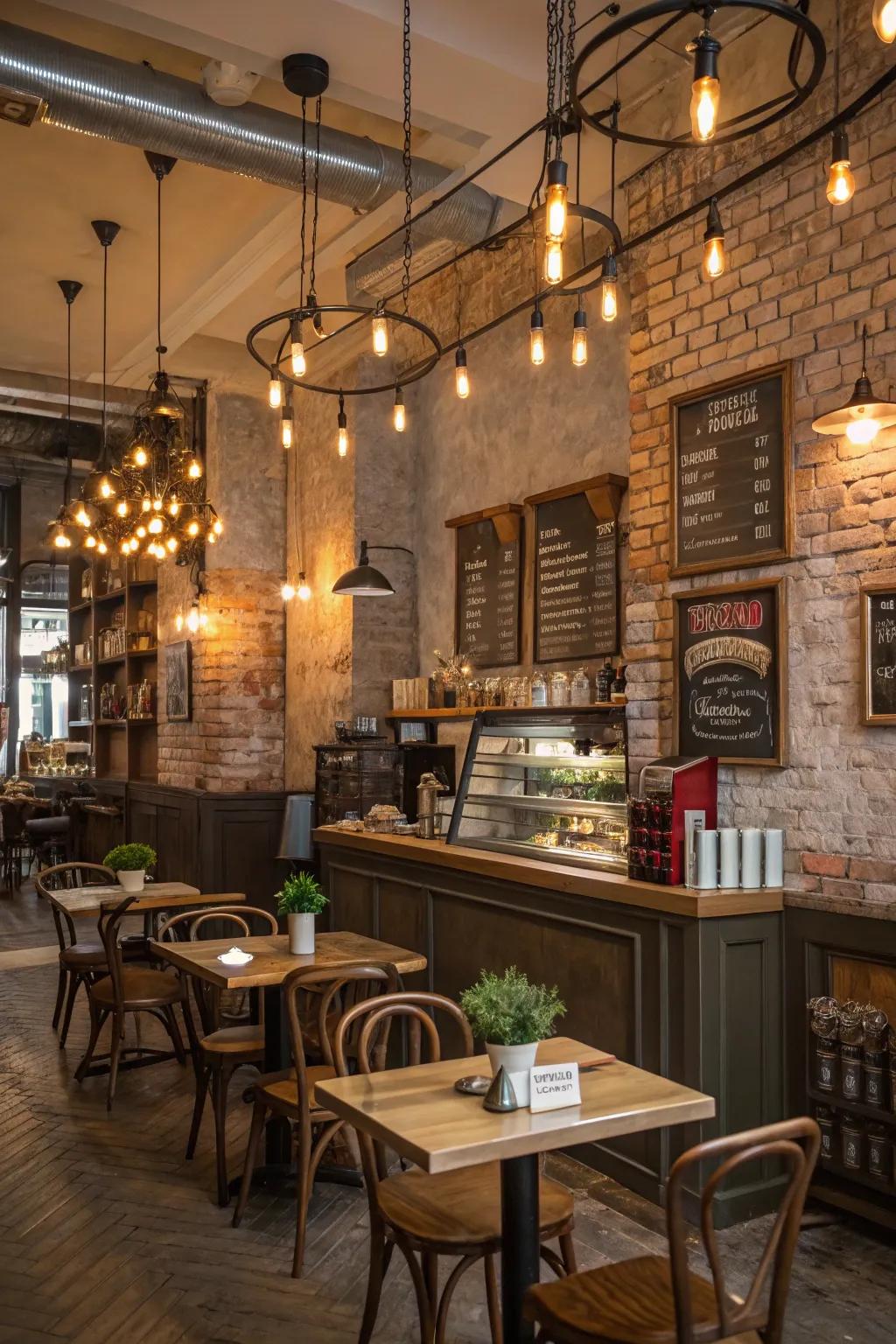 Lighting in a café that beautifully highlights its special architectural details.