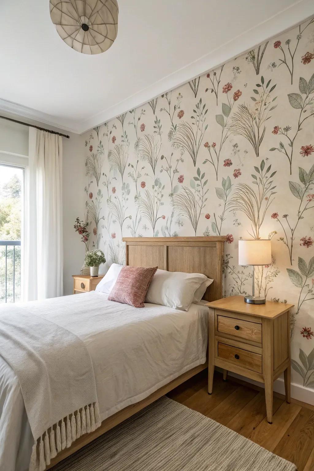 Bedroom featuring a feature wall with subtle botanical wallpaper for added interest.