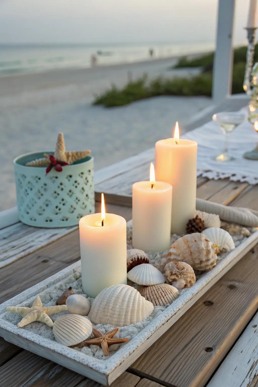 A seaside-themed wax light setting with seashells.