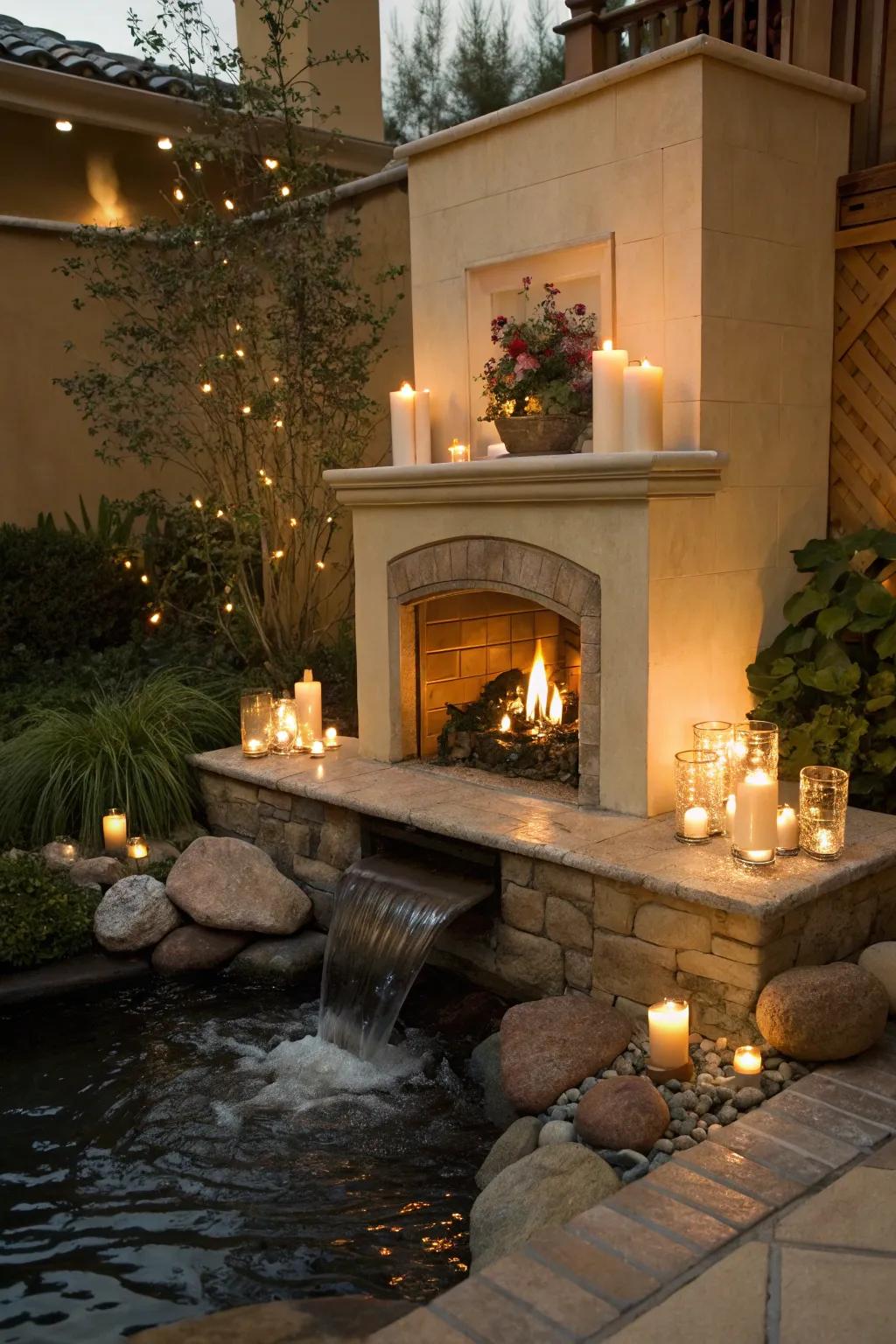 Wax pieces with a water feature create a serene and calming fireplace ambiance.
