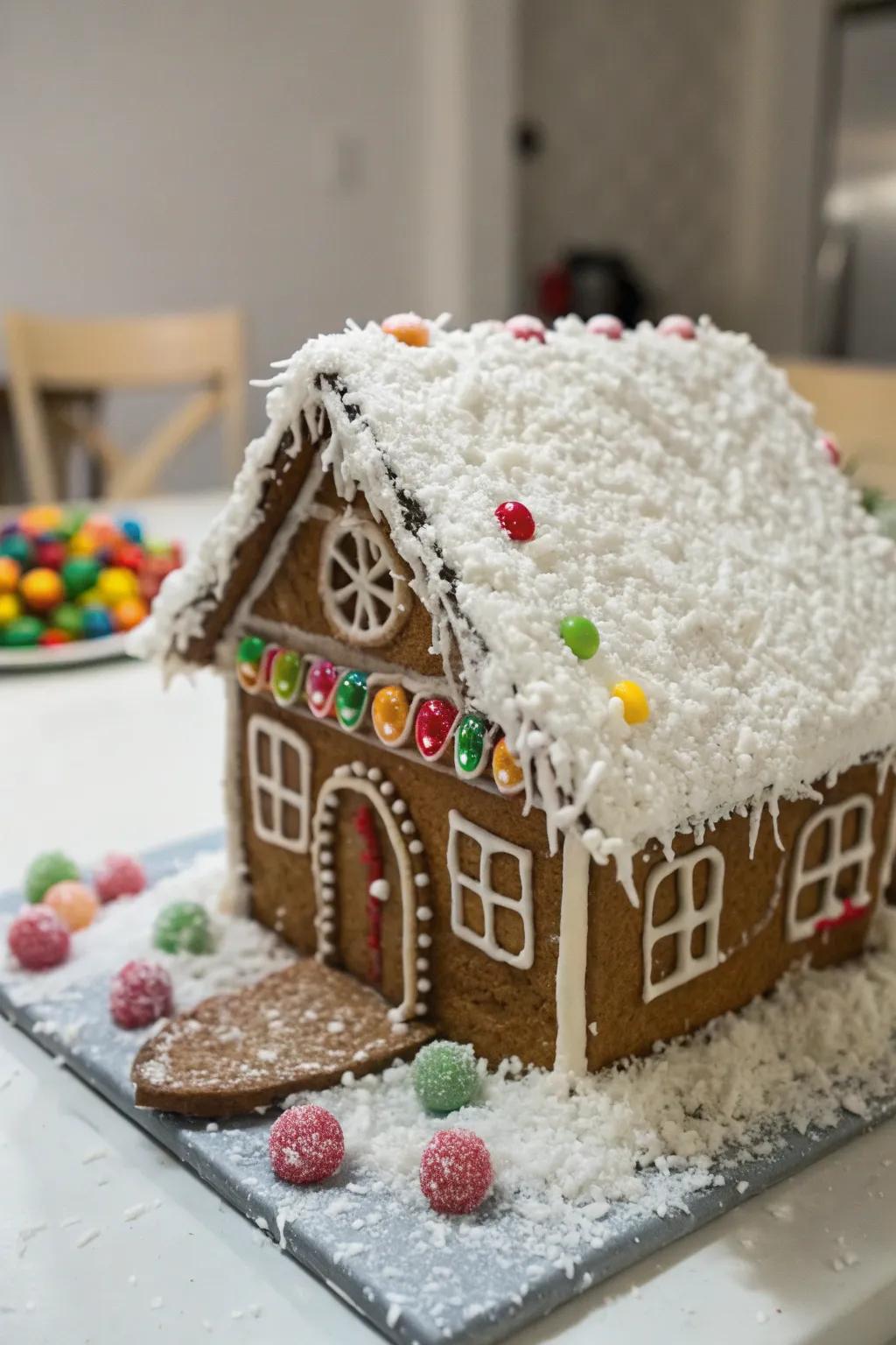 A snowy roof crafted with a sprinkle of desiccated nut.
