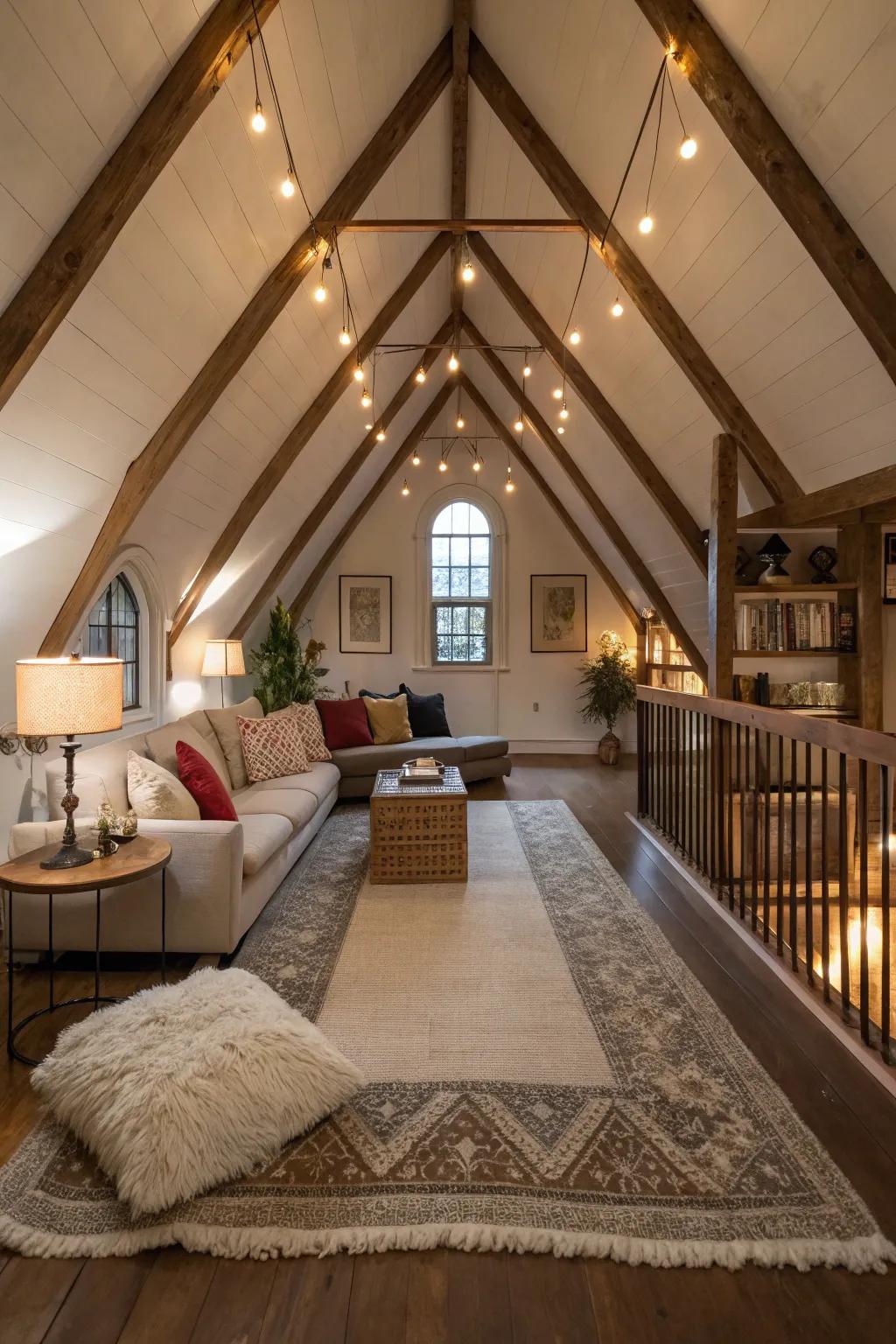 A loft space creatively utilizes vertical space for added functionality.