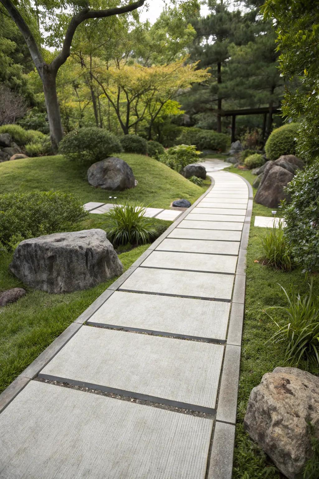 Zen-inspired concrete walkway for a peaceful garden experience.