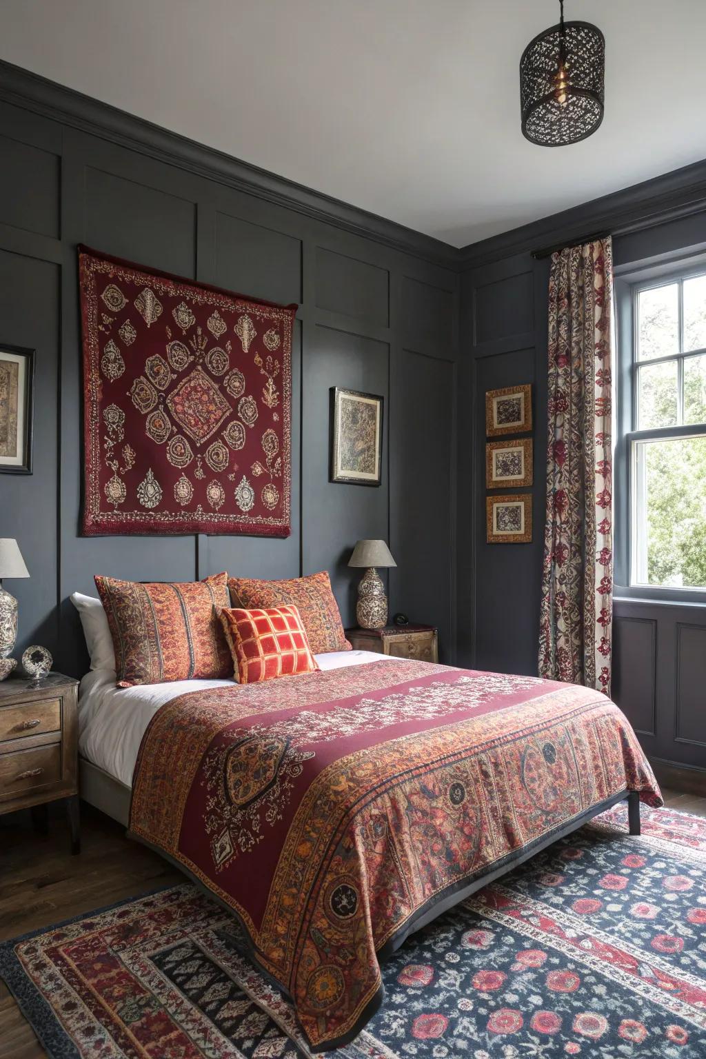 Bold designs enliven a deep gray-themed bedroom.