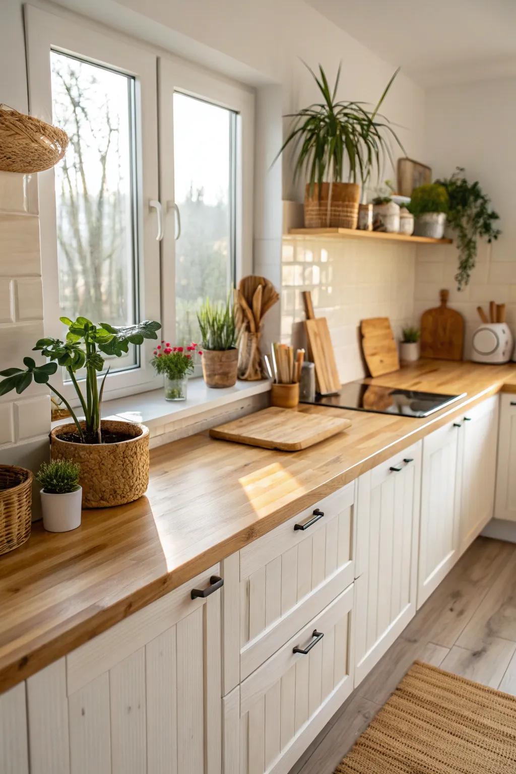 An eco-friendly kitchen features sustainable bamboo countertops.