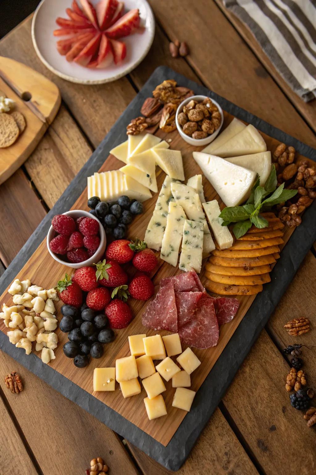 A cheese board with a balanced, symmetrical arrangement.