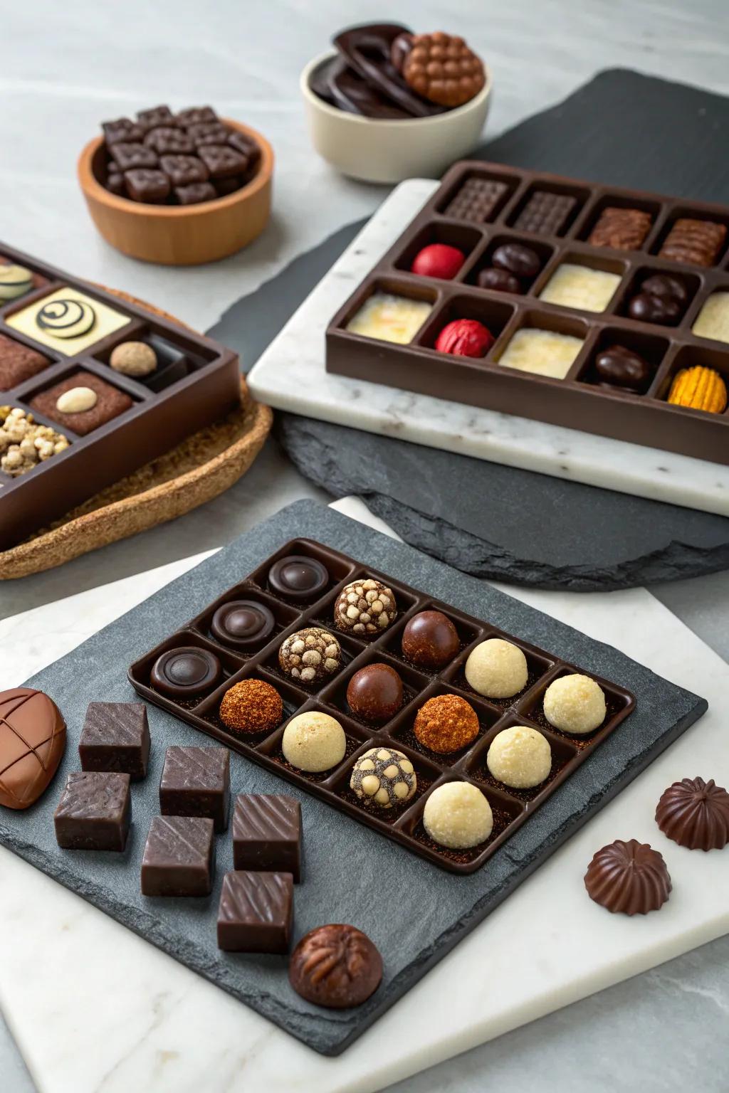 Elegant serving platters showcasing a range of chocolates.