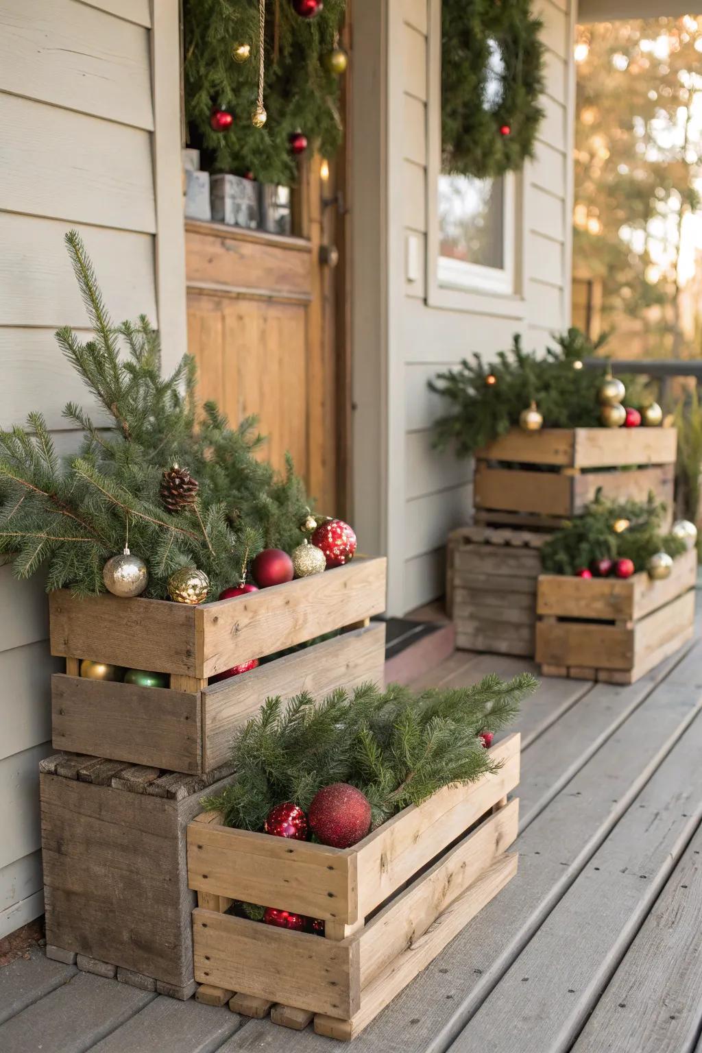 Country-style crates filled with festive decor add depth to the porch.