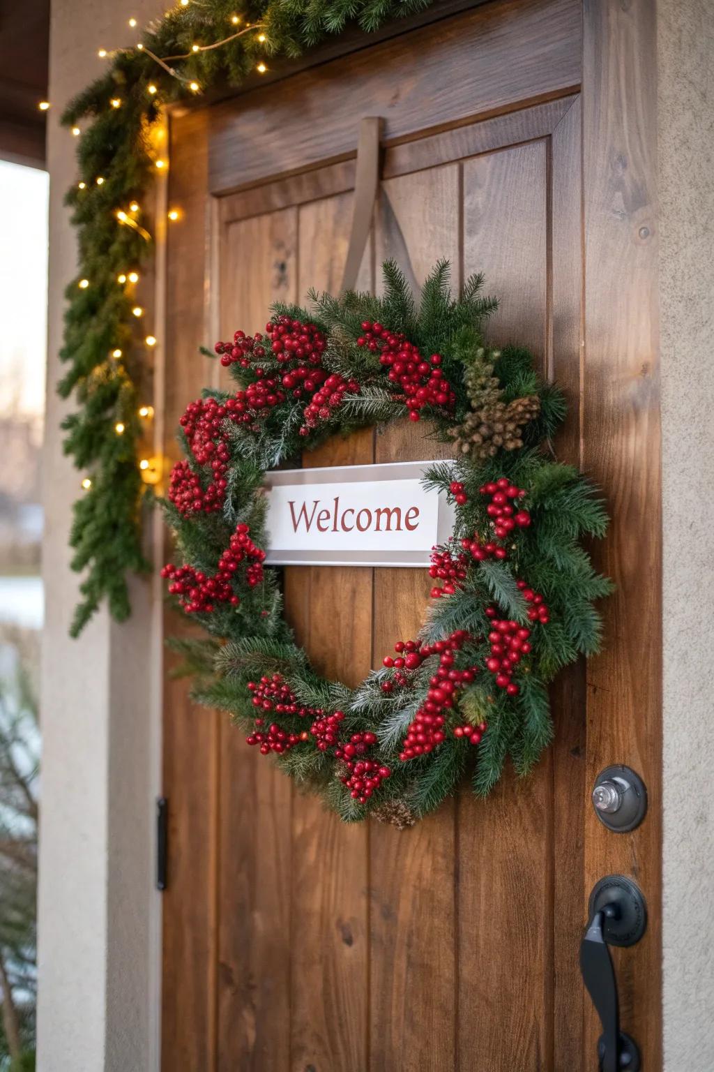 Welcome visitors with a wreath and placard combination.