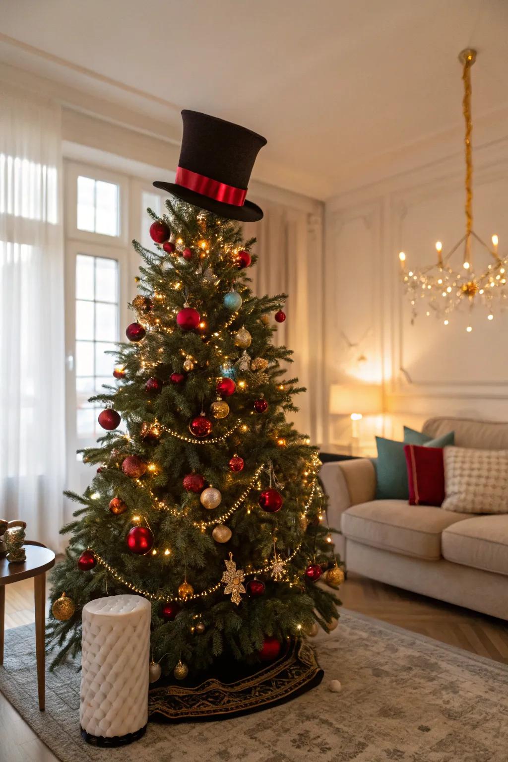 A festive cylindrical hat adds a quirky and sophisticated touch.