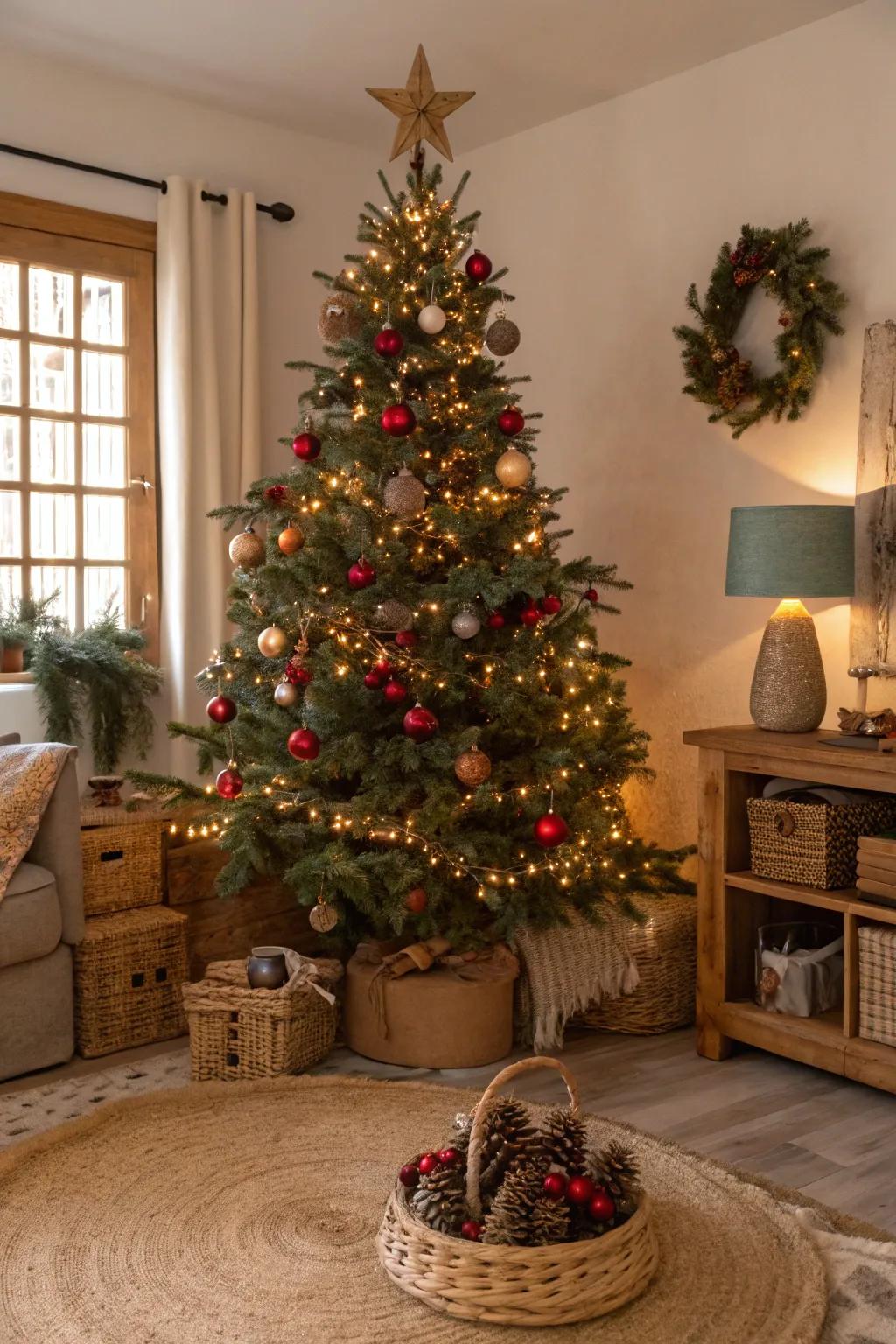 An earthy Christmas tree showcasing natural ornamentations and vibrant lights, crafting a harmonious blend with nature's palette.