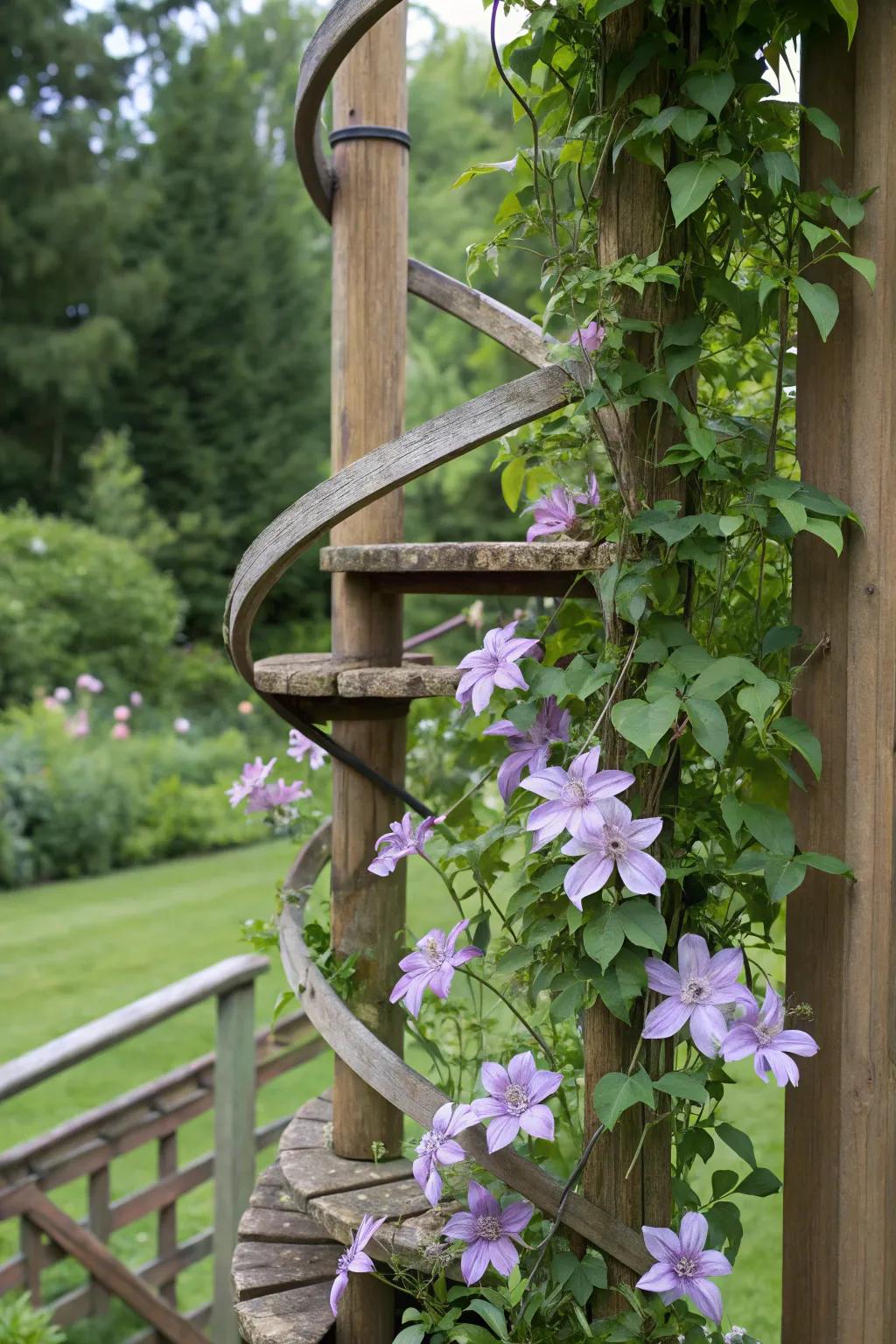 Clematis vines create a dynamic visual feature when grown on a coil trellis.