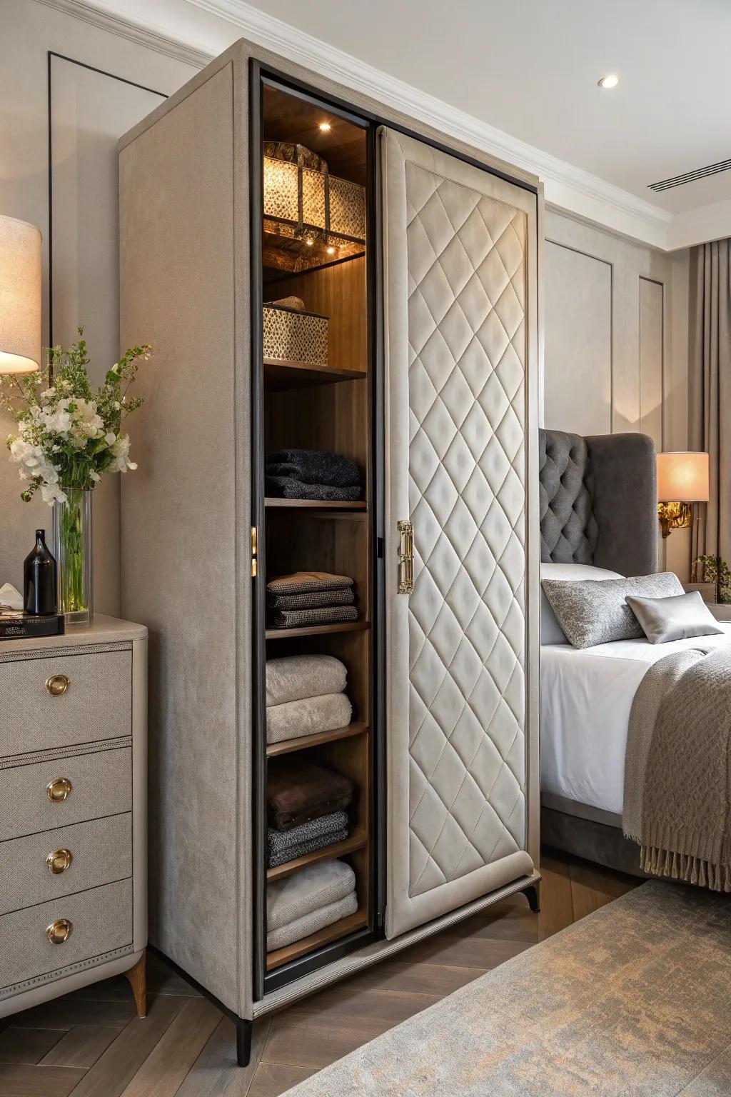 Cabinets with fabric lining offer style and concealment in one.