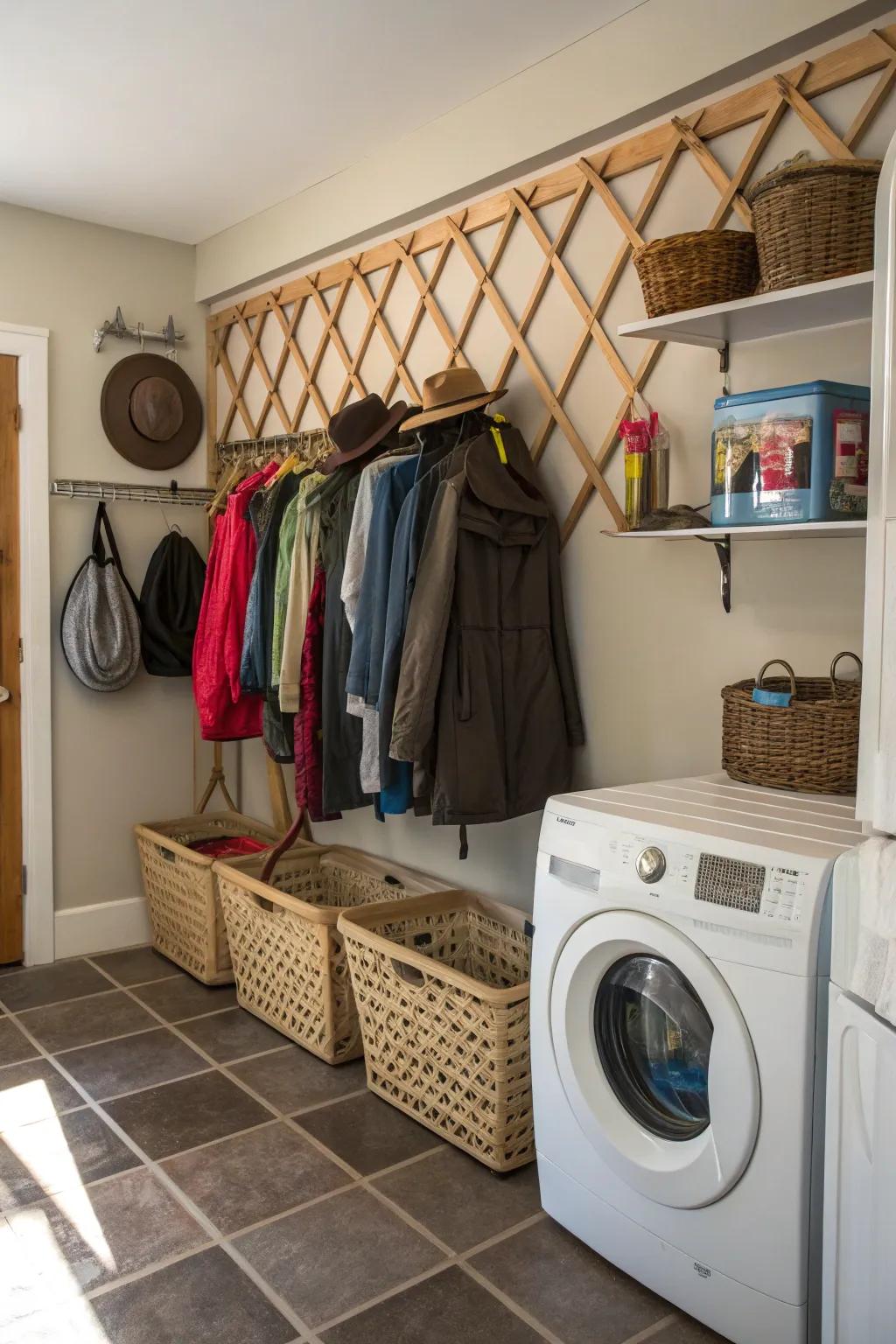 An accordion wall-secured garment hanger, proffering adaptability and aesthetic.