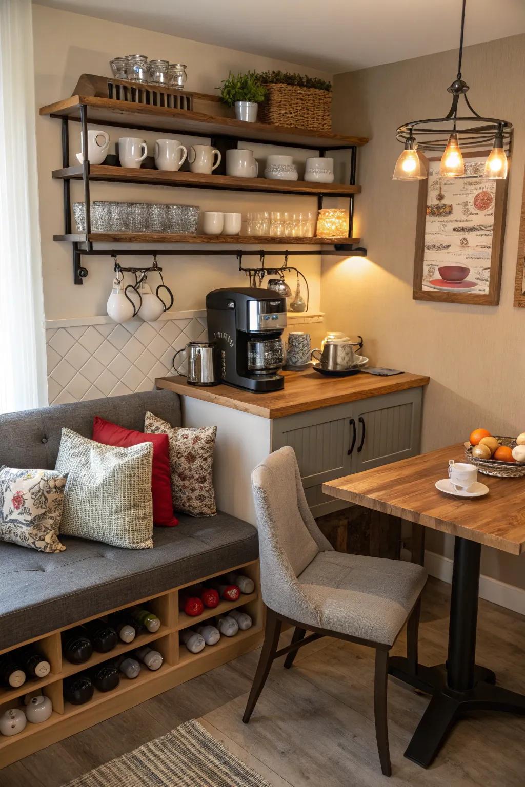 A beverage nook transforms coffee breaks into special moments with a cozy setup.