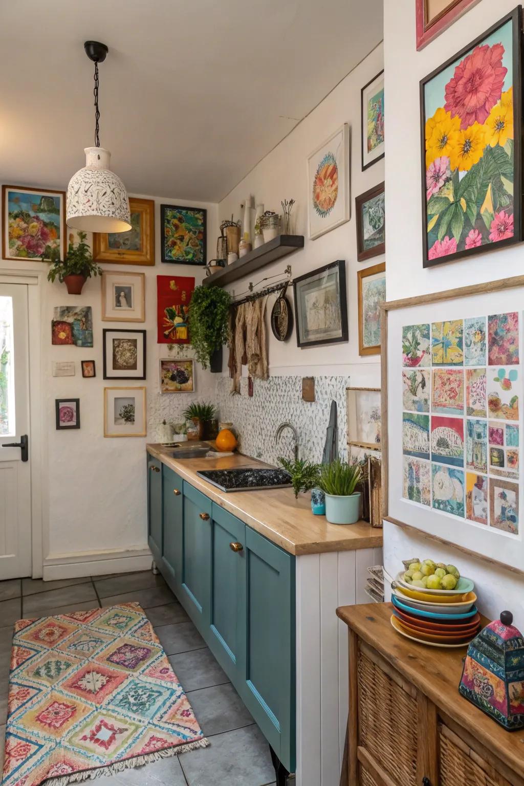 Assorted art pieces turn the kitchen into a personal gallery.