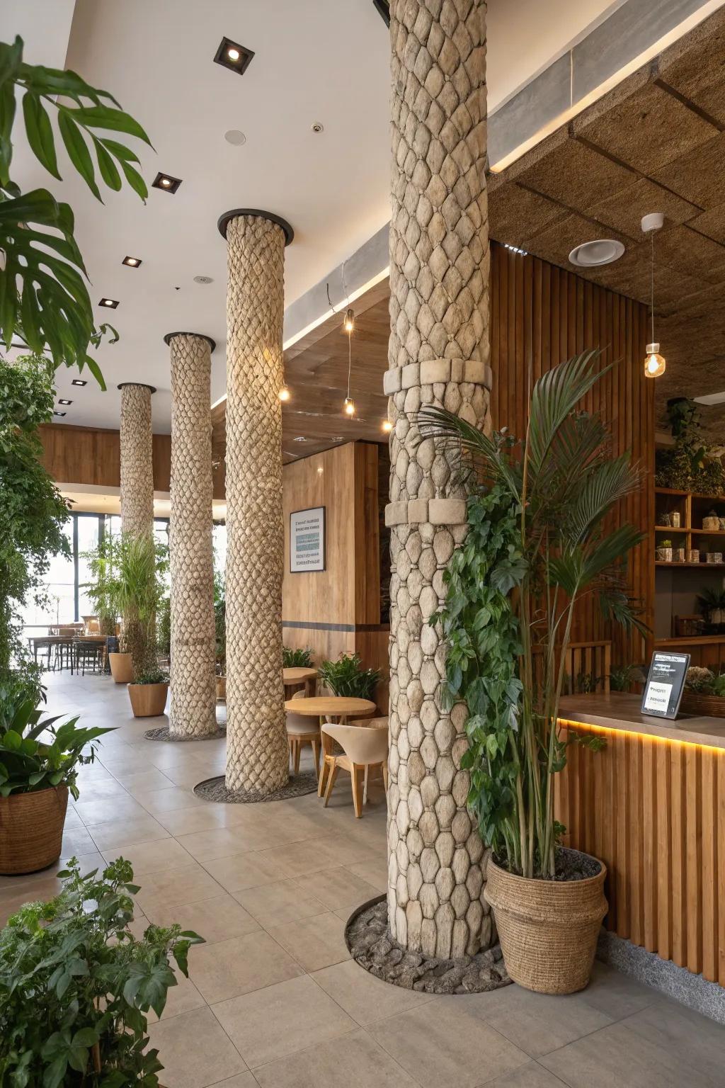 Columns crafted from repurposed materials, adding an eco-chic touch to the interior.