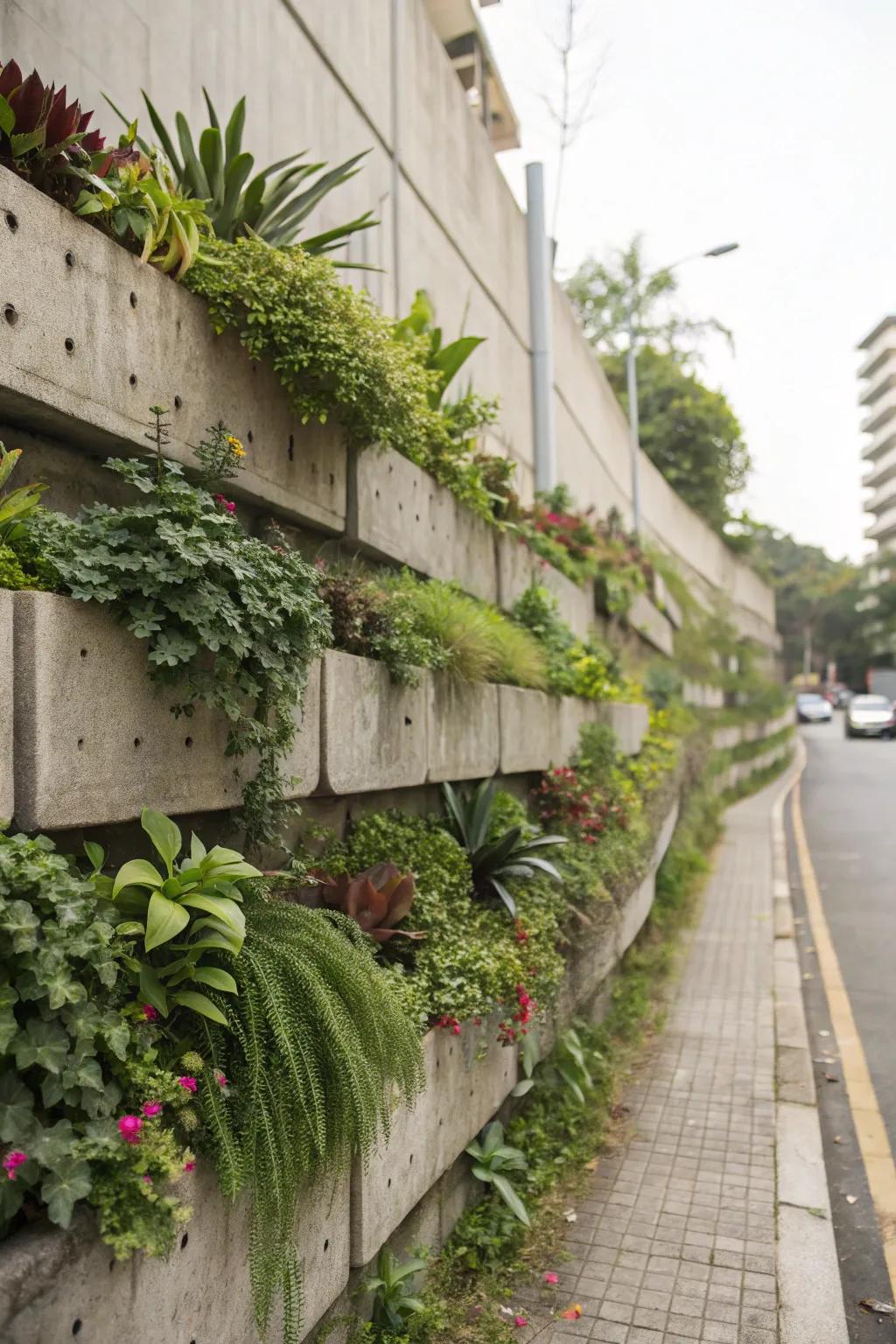 Vertical garden walls maximize space and greenery.