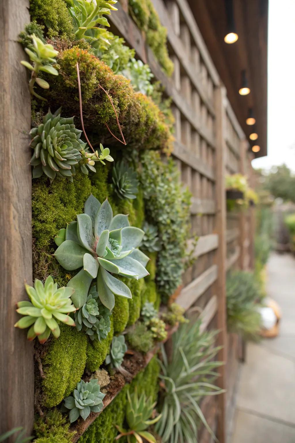 A living facade lattice abounding in moss and succulents.