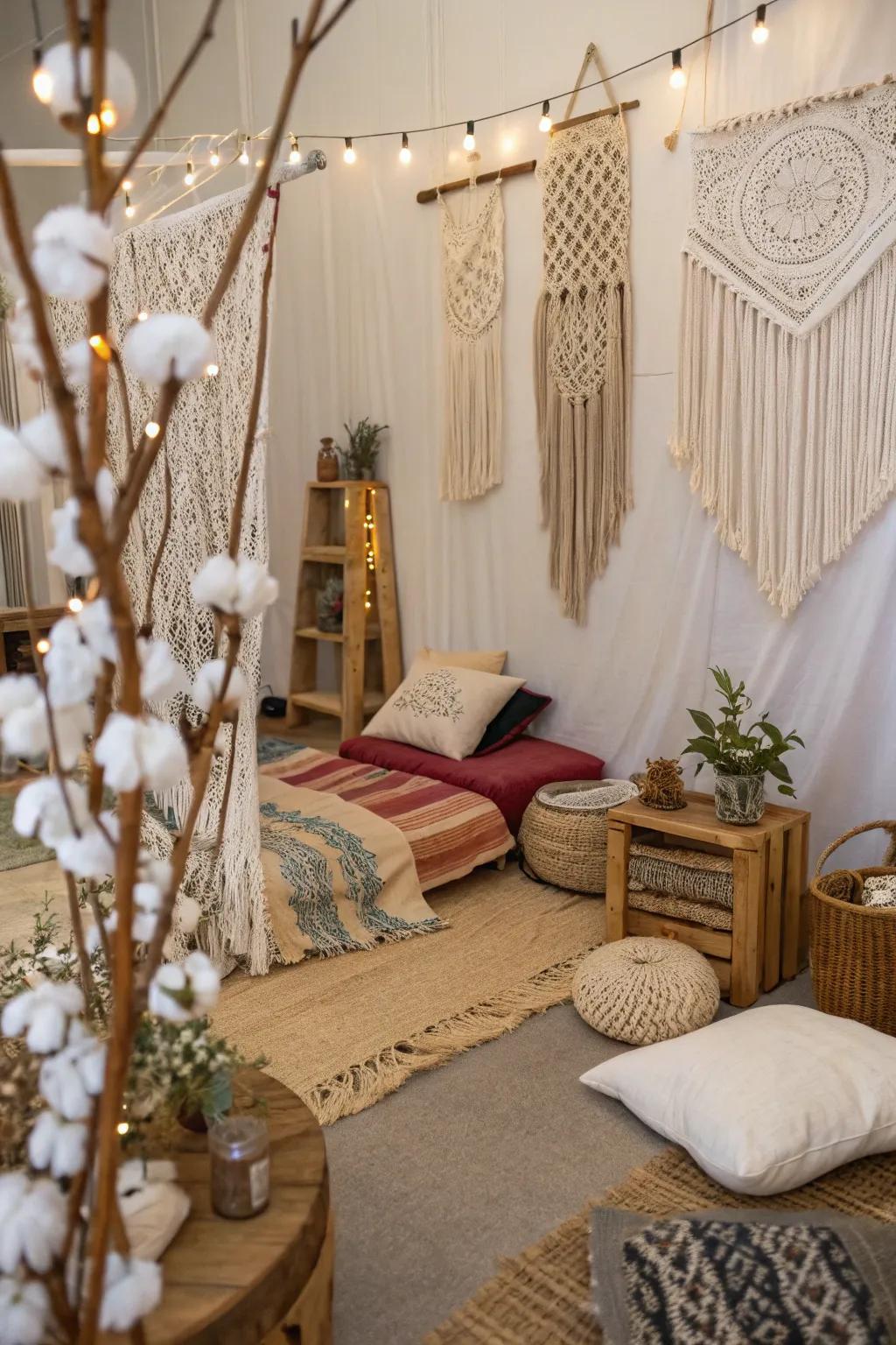 Bohemian bliss with macrame and cotton stems.