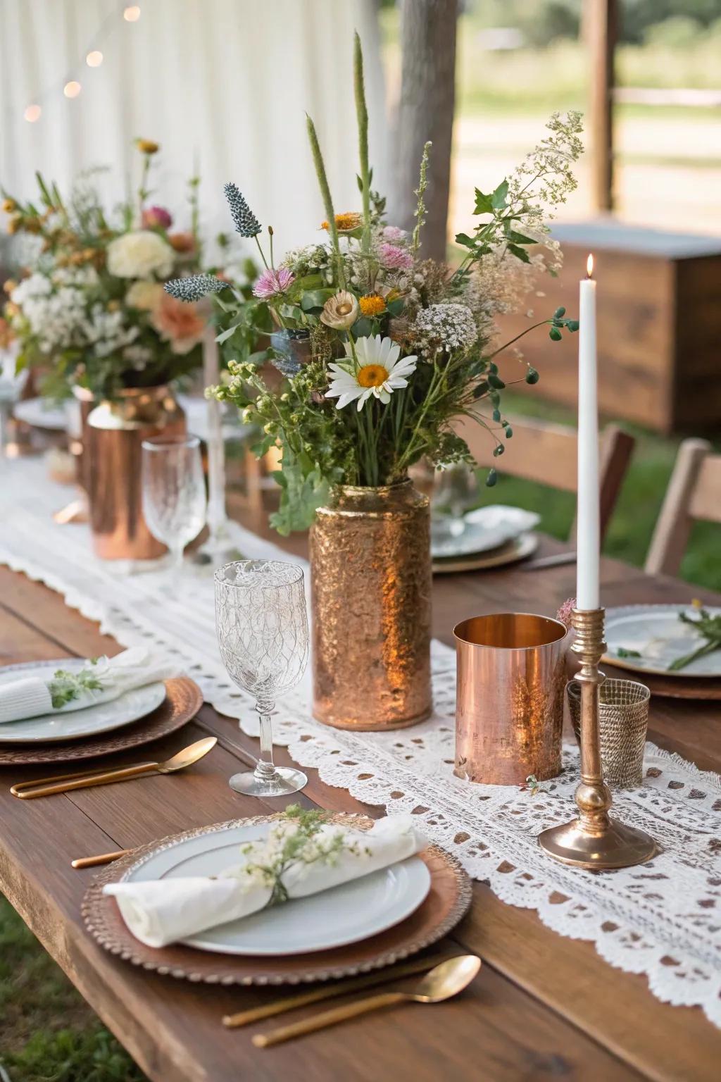 A unrefined wedding table elegantly adorned with copper details.