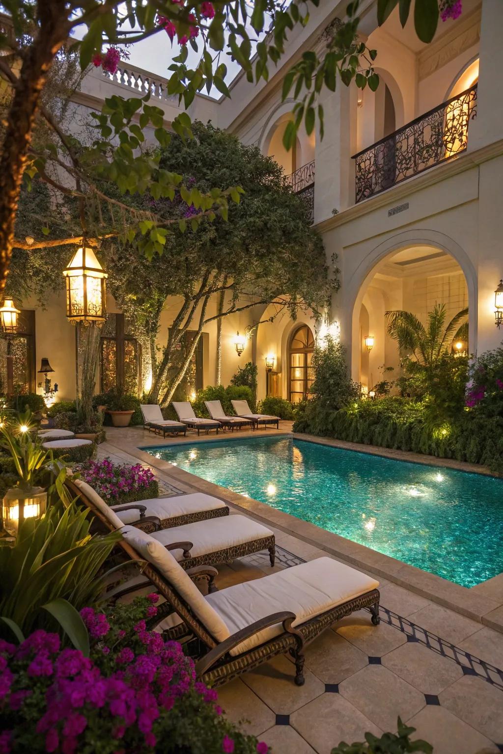 Poolside lighting creates a vibrant, resort-like vibe in the courtyard.