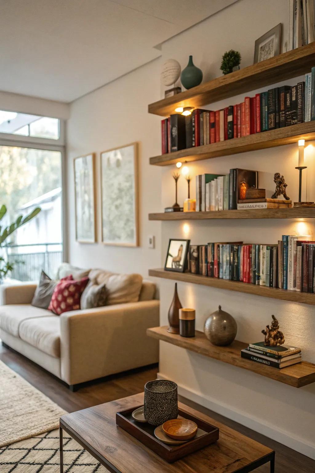 Wall shelves add interest and keep the area open.