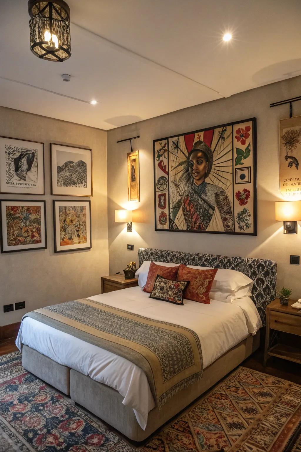 Unexpected art adds a personal touch and a 'wow' factor to the bedroom.