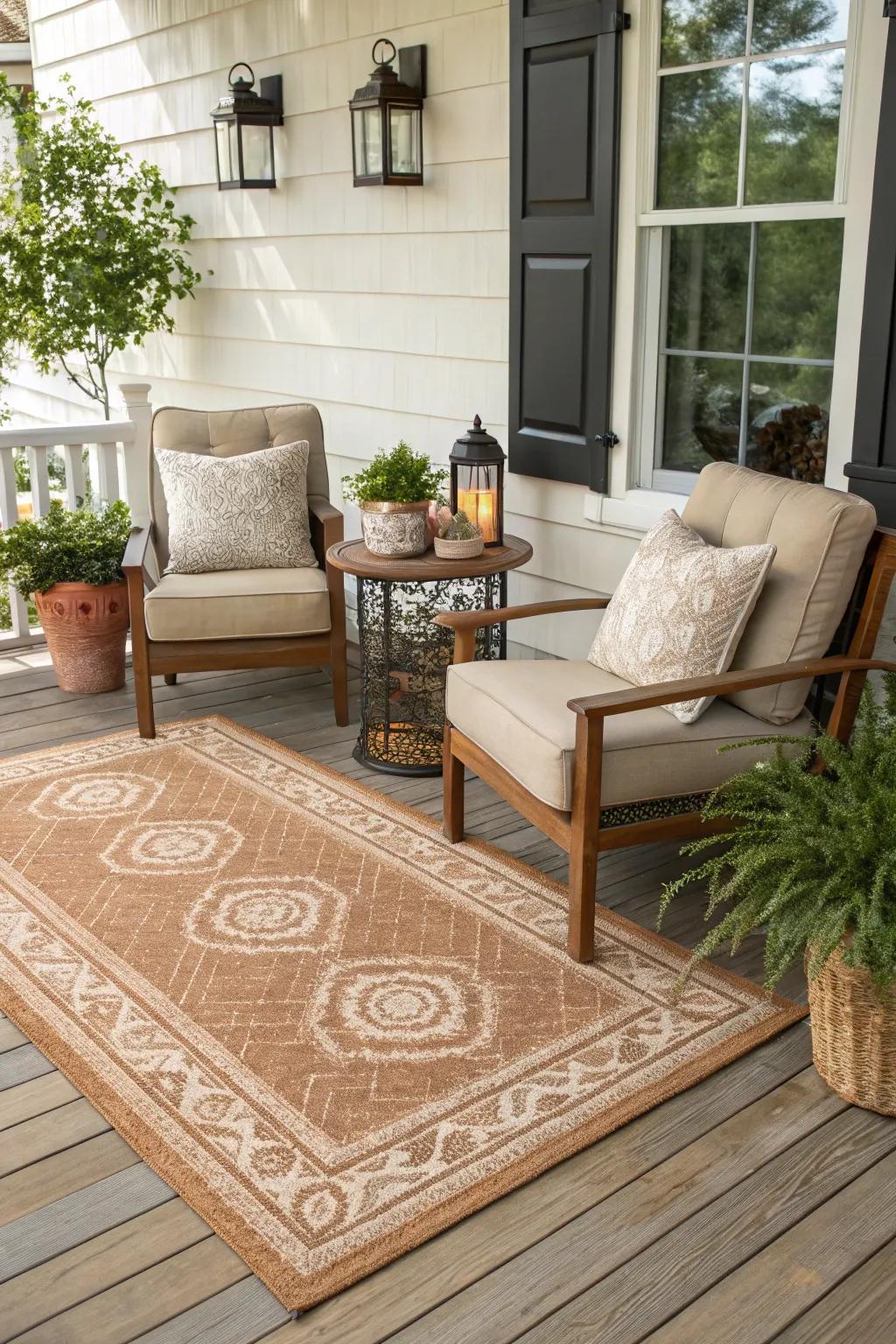 An outdoor rug adds warmth and coziness underfoot.