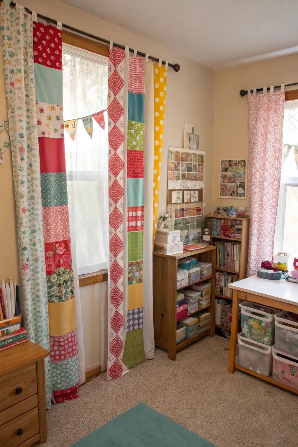 Quilt styled drapes introduce playfulness and creativity.