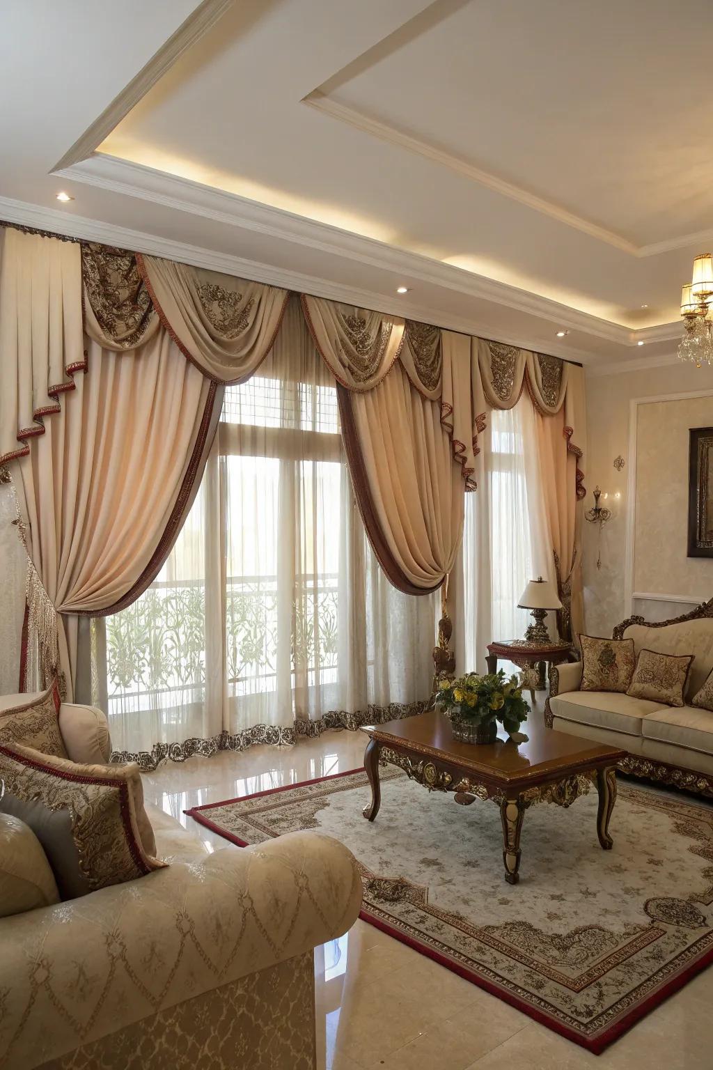 Opulent living room curtains featuring satin ribbon trims.