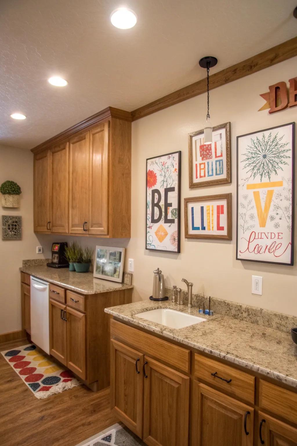 Uplifting word art posters bringing positivity to a kitchen.