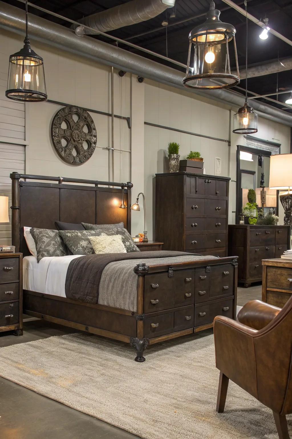 Industrial designs enhance the feel of dark decor.